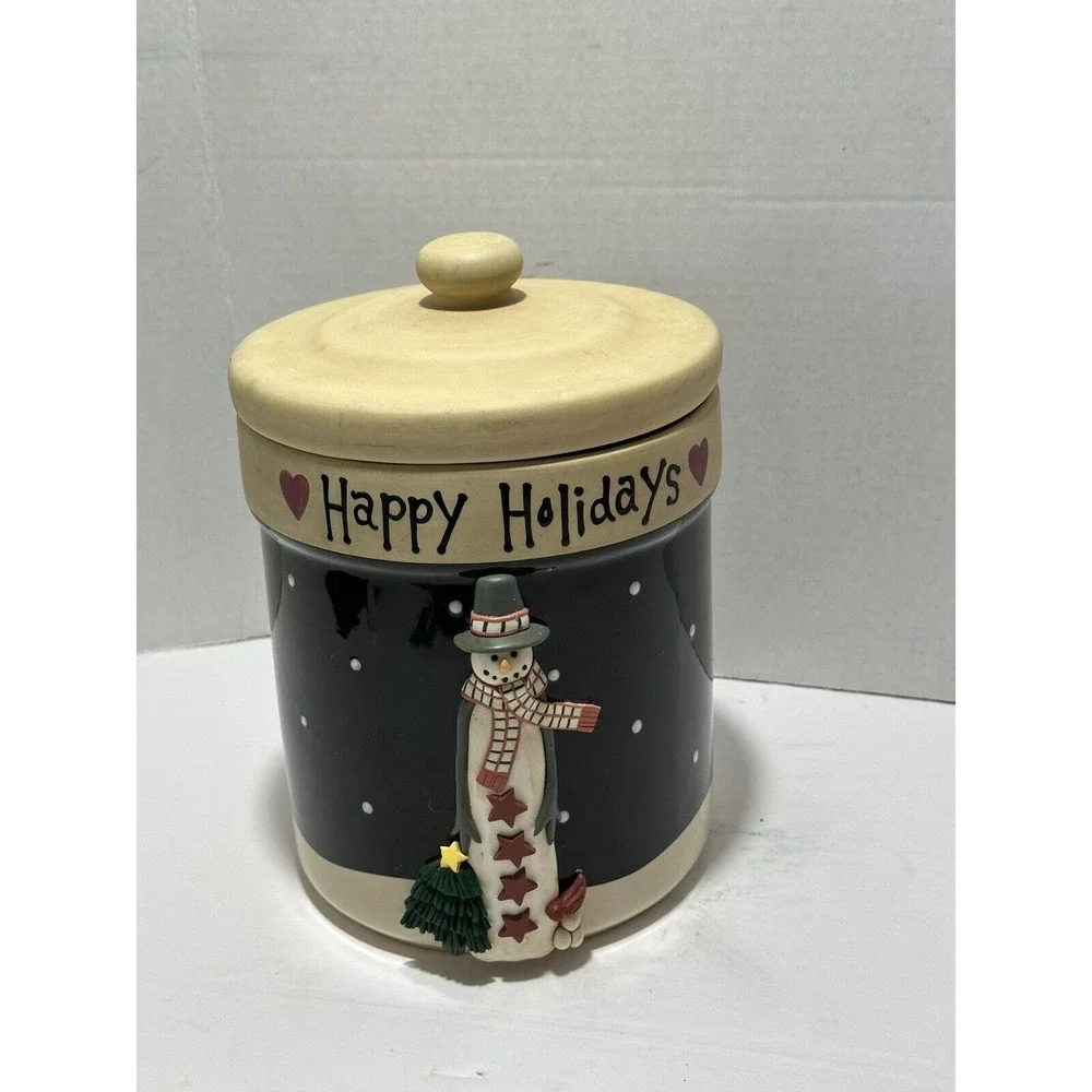 Happy Holidays Snowman Ceramic Canister Navy‎ Blue Christmas Cookie Jar 8.5in